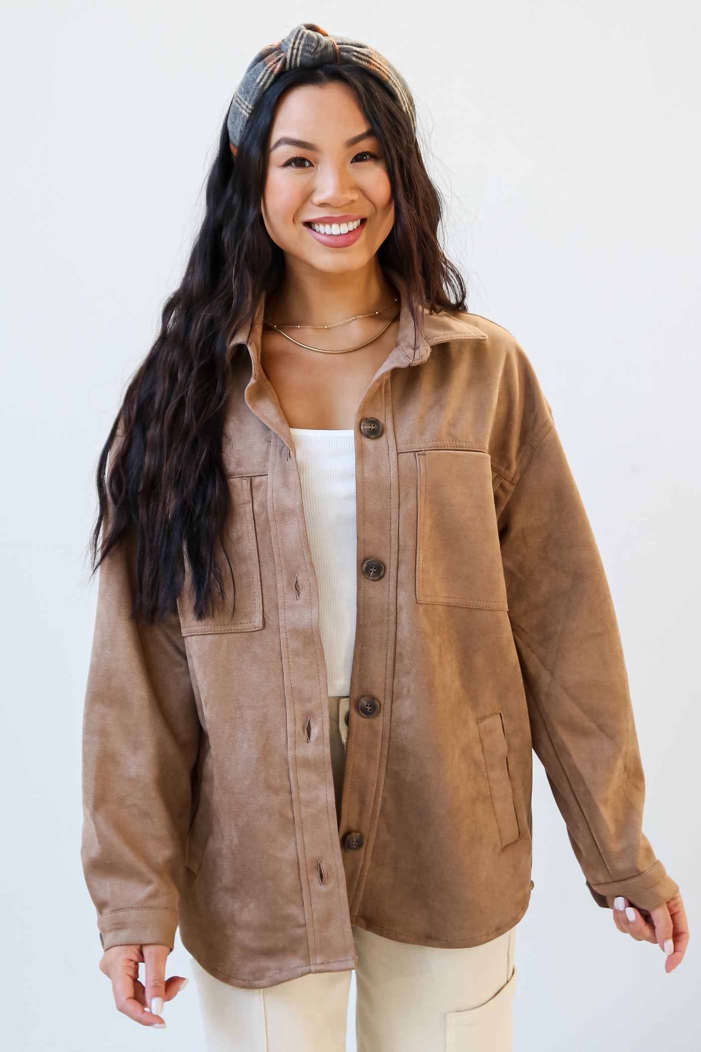 brown Suede Shacket front view