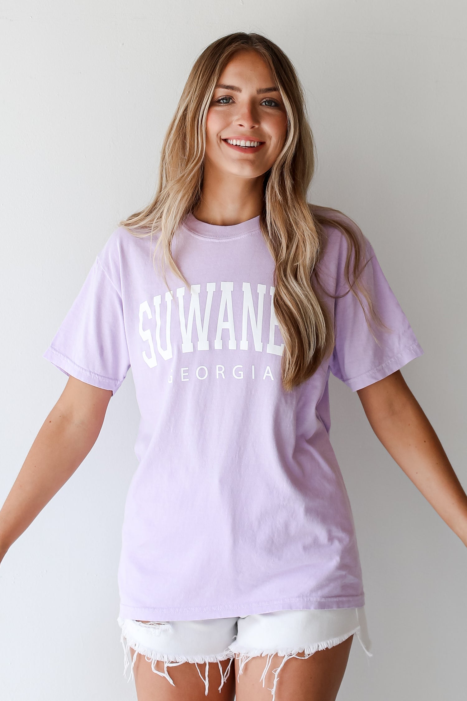 Lavender Suwanee Georgia Block Letter Tee front view