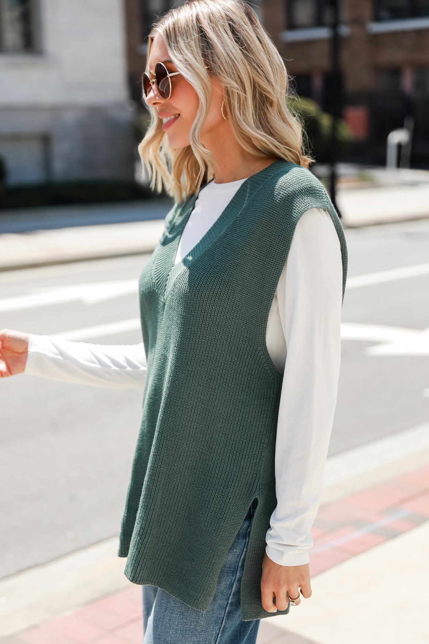 teal Oversized Sweater Vest on model