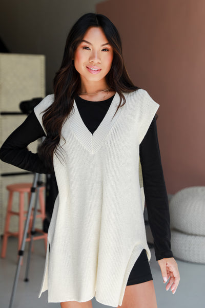 cream Oversized Sweater Vest on model