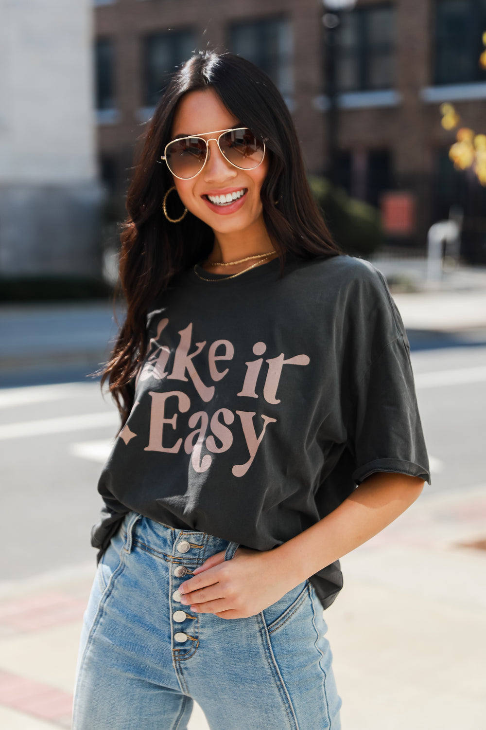 Charcoal Take It Easy Graphic Tee on model