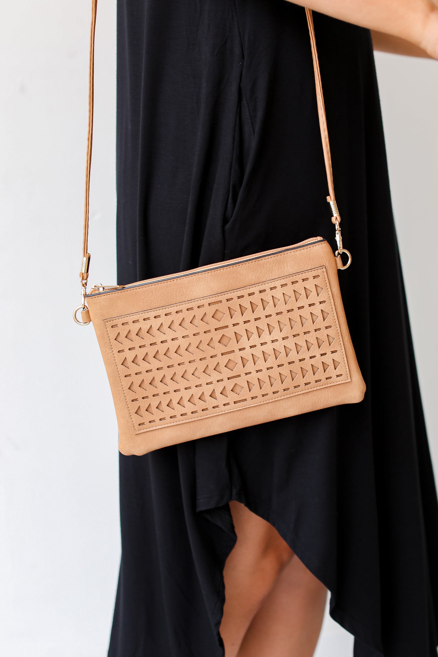 Camel Faux Leather Laser Cut Crossbody Bag Dress Up