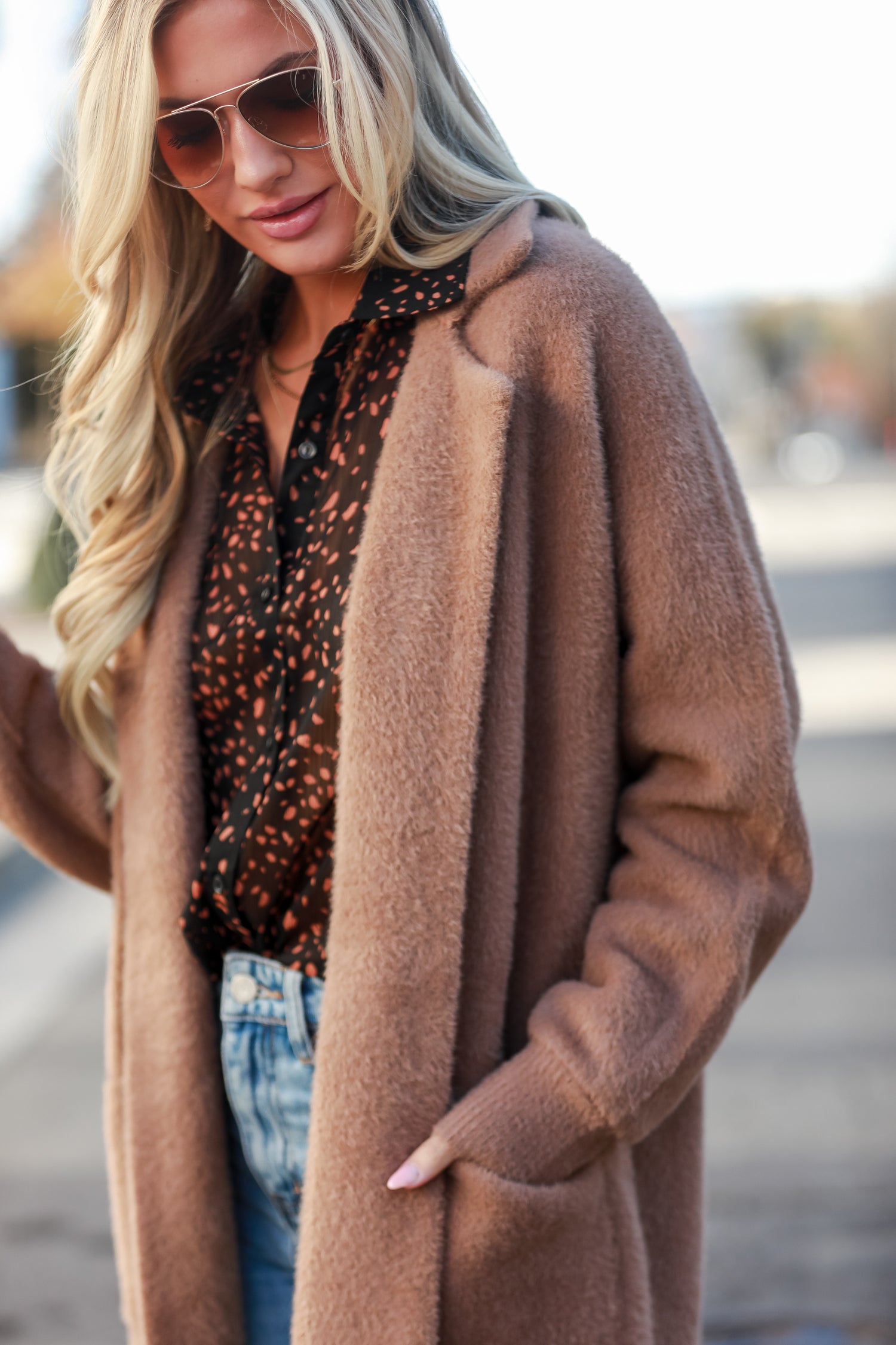 cute Taupe Eyelash Knit Longline Coat