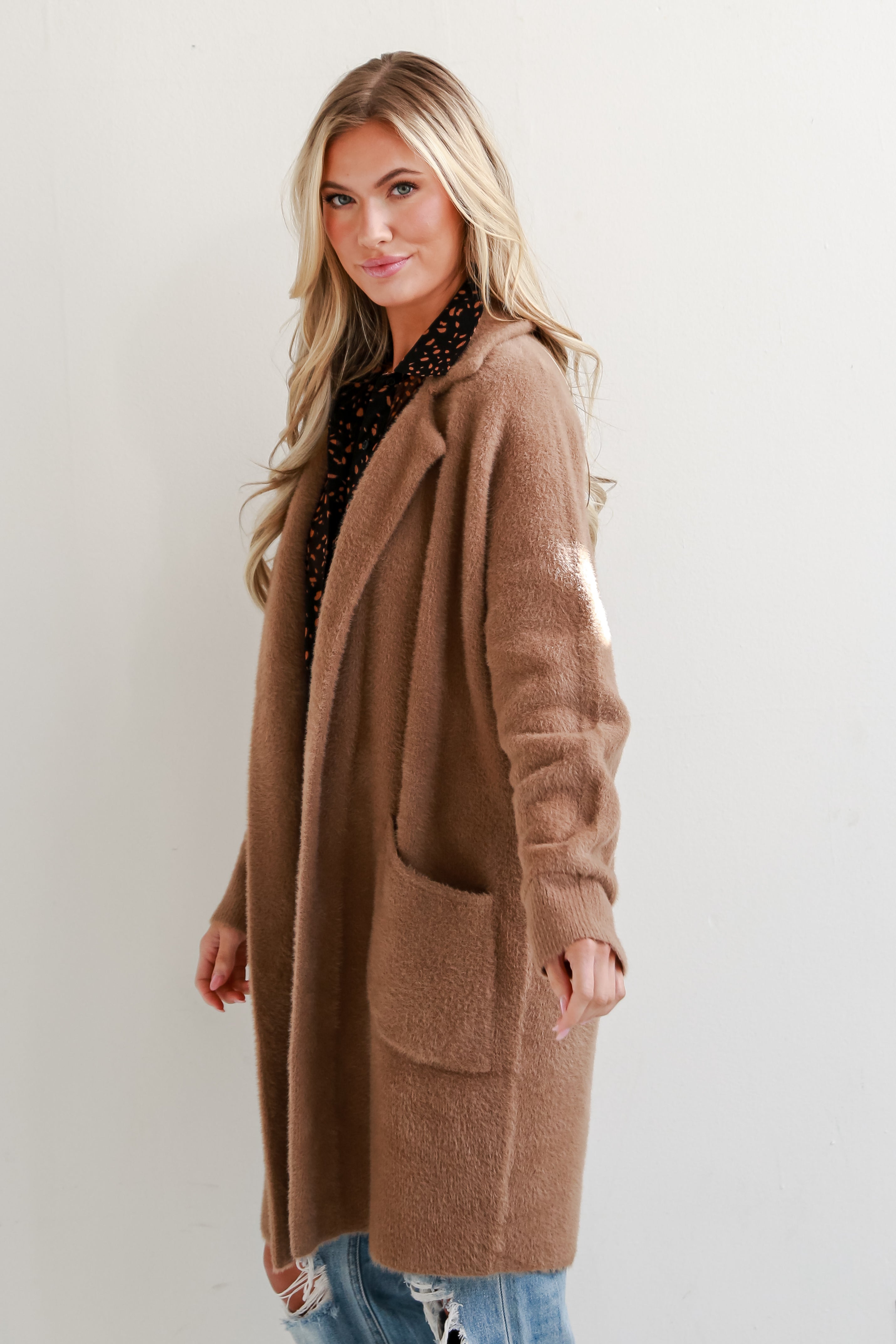 oversized Taupe Eyelash Knit Longline Coat