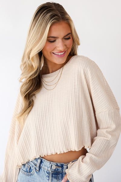 Ivory Ribbed Knit Top close up