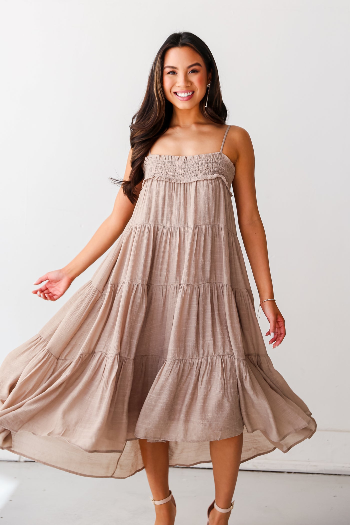 Taupe Tiered Midi Dress front view