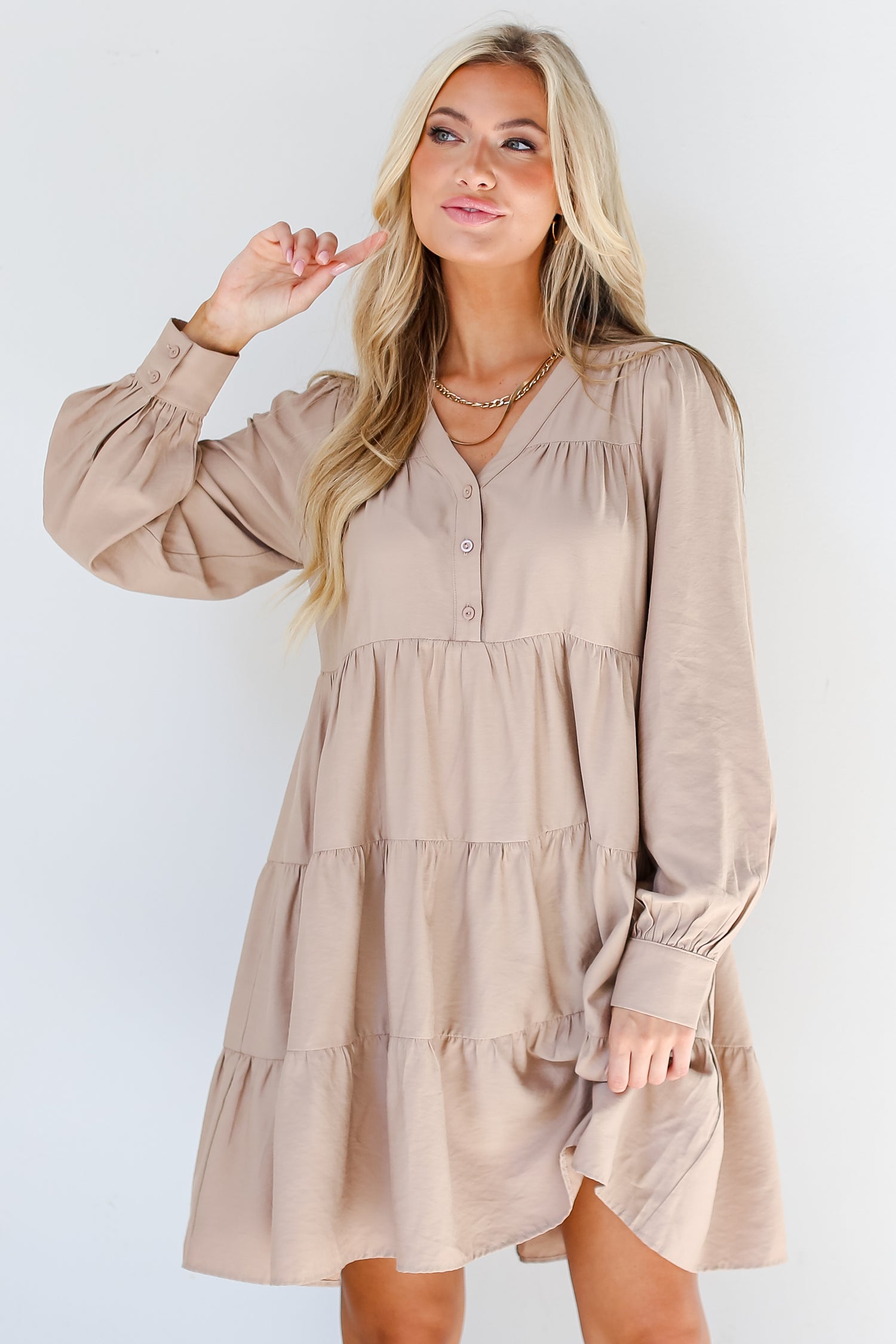taupe Tiered Mini Dress front view