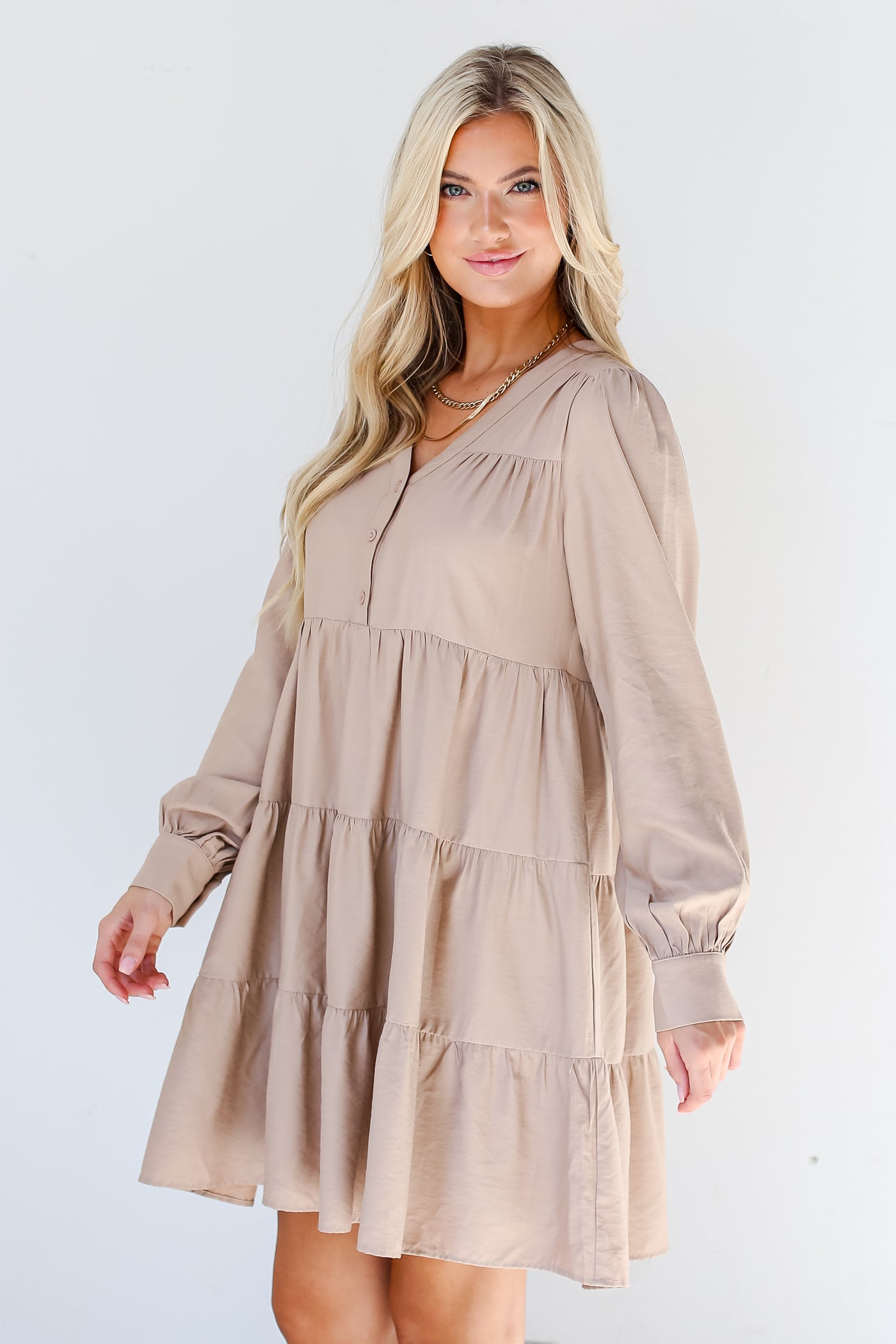 taupe Tiered Mini Dress side view