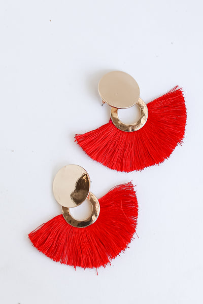 red Tassel Fan Earrings close up