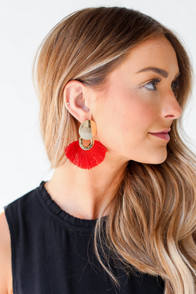 red Tassel Fan Earrings on model