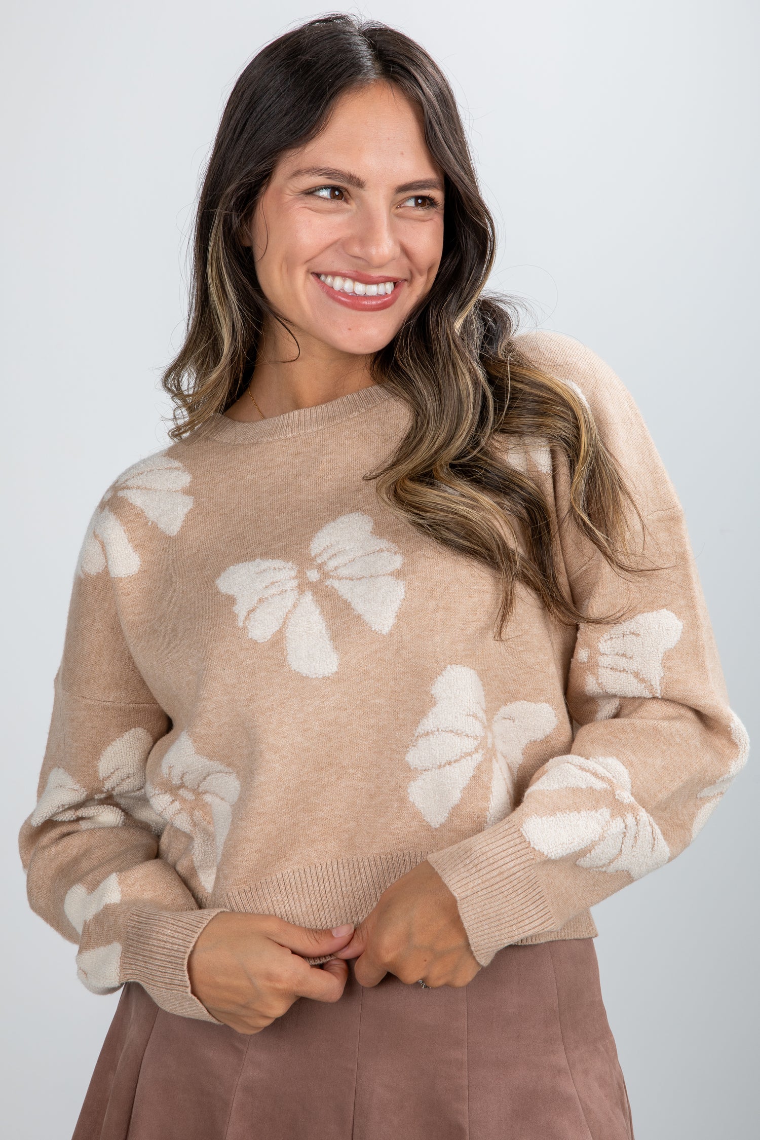 taupe bow sweater