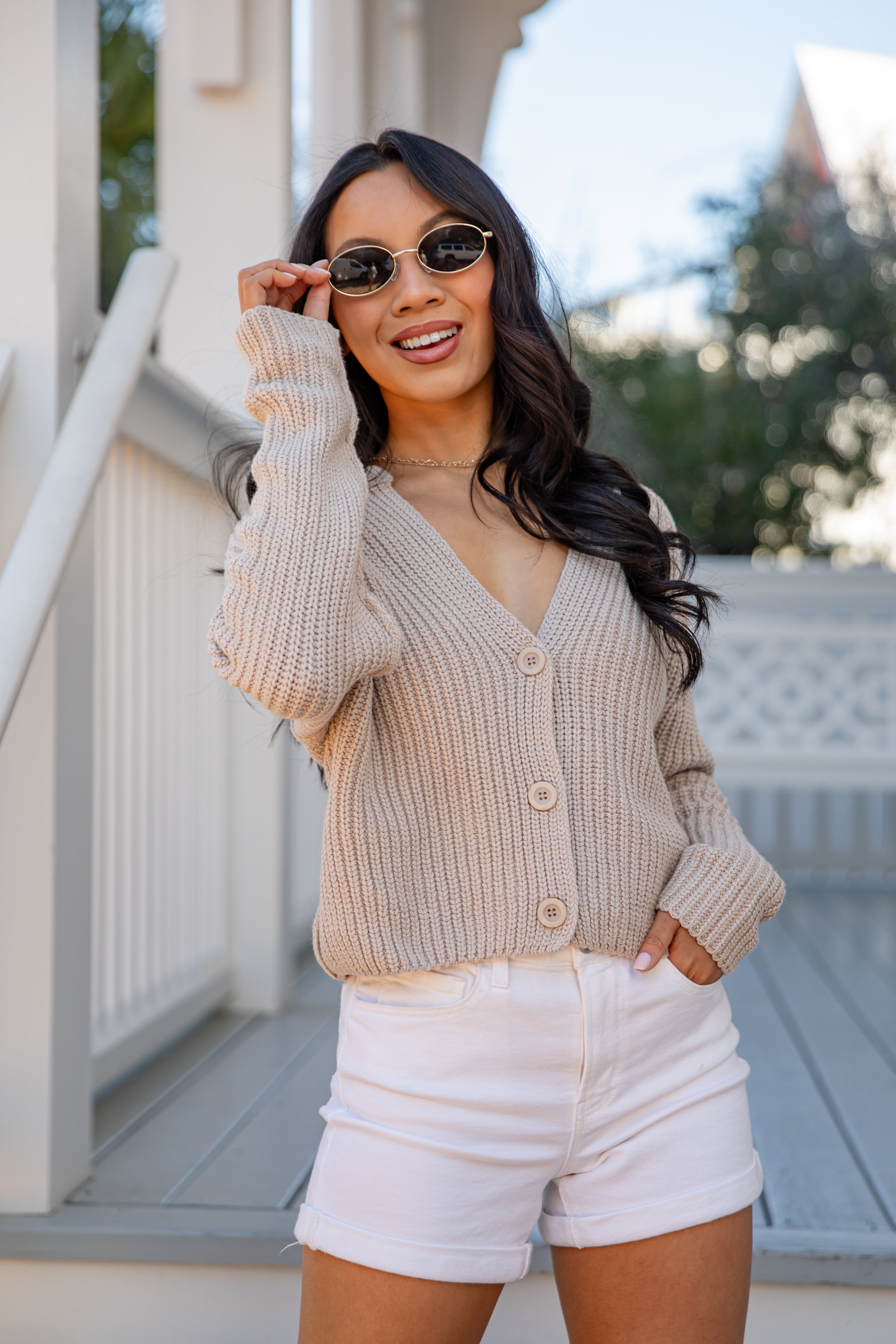 Latte Foam Button-Front Taupe Sweater | Trendy Women's Tops