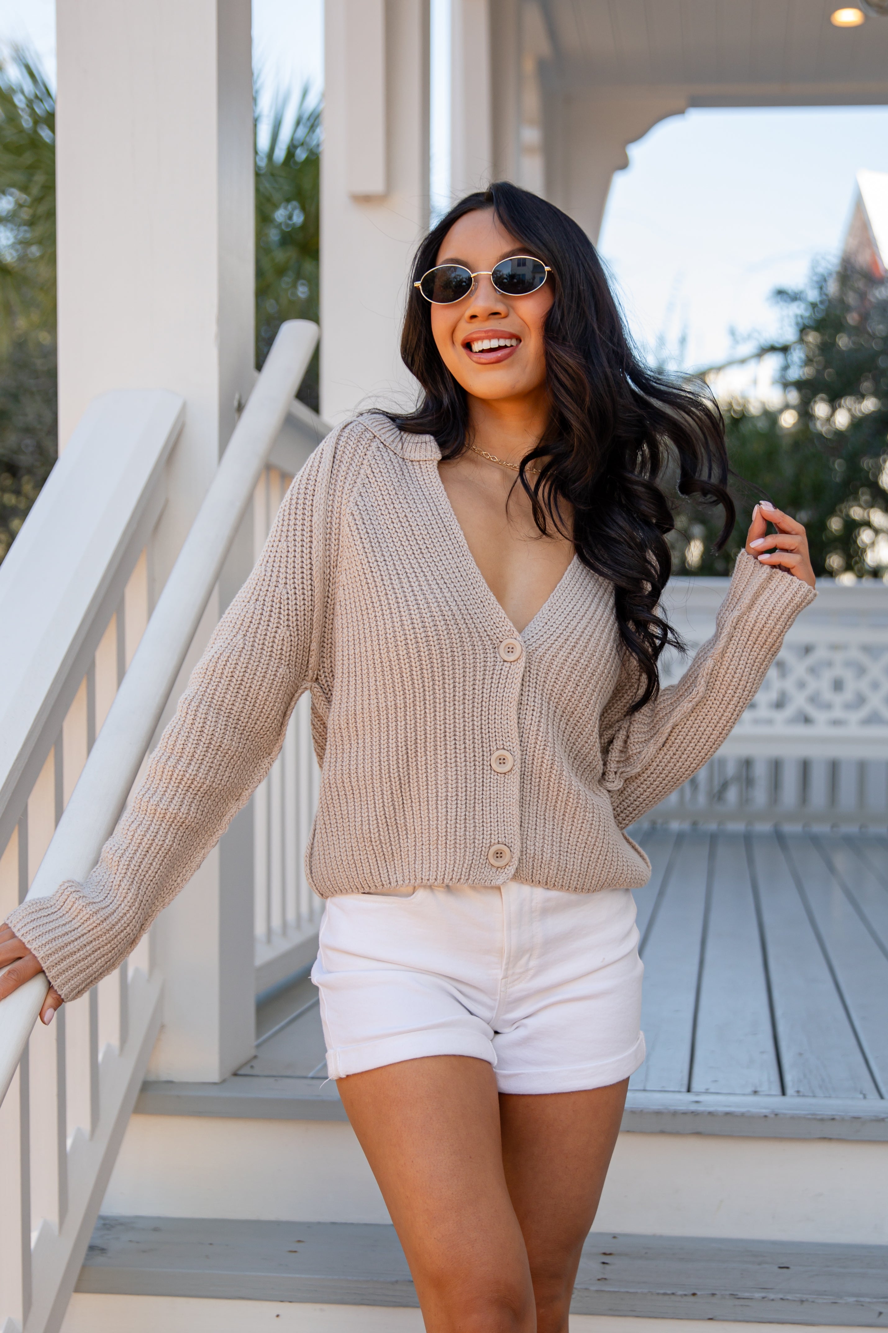 Latte Foam Button-Front Taupe Sweater | Trendy Women's Tops