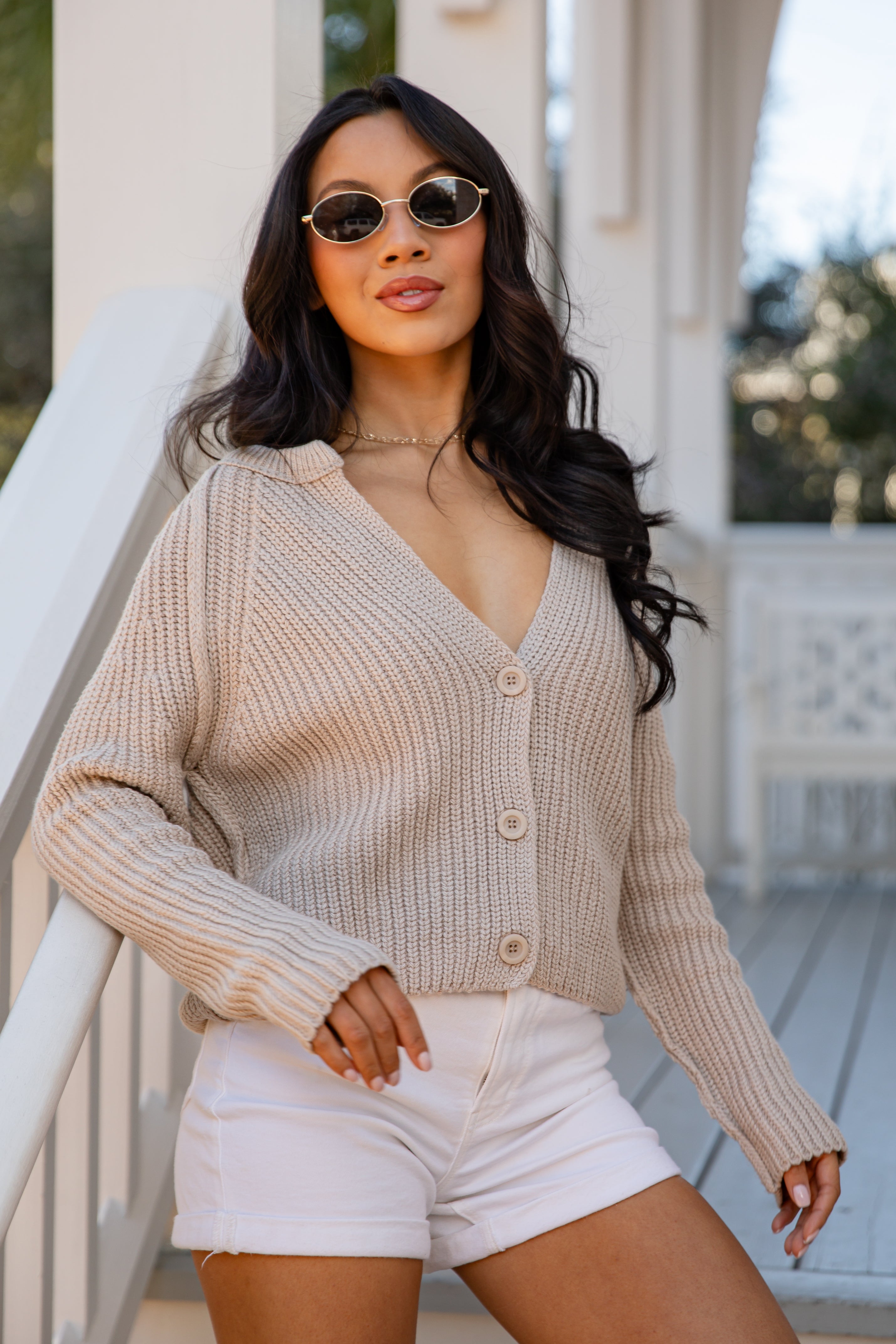 Latte Foam Button-Front Taupe Sweater | Trendy Women's Tops