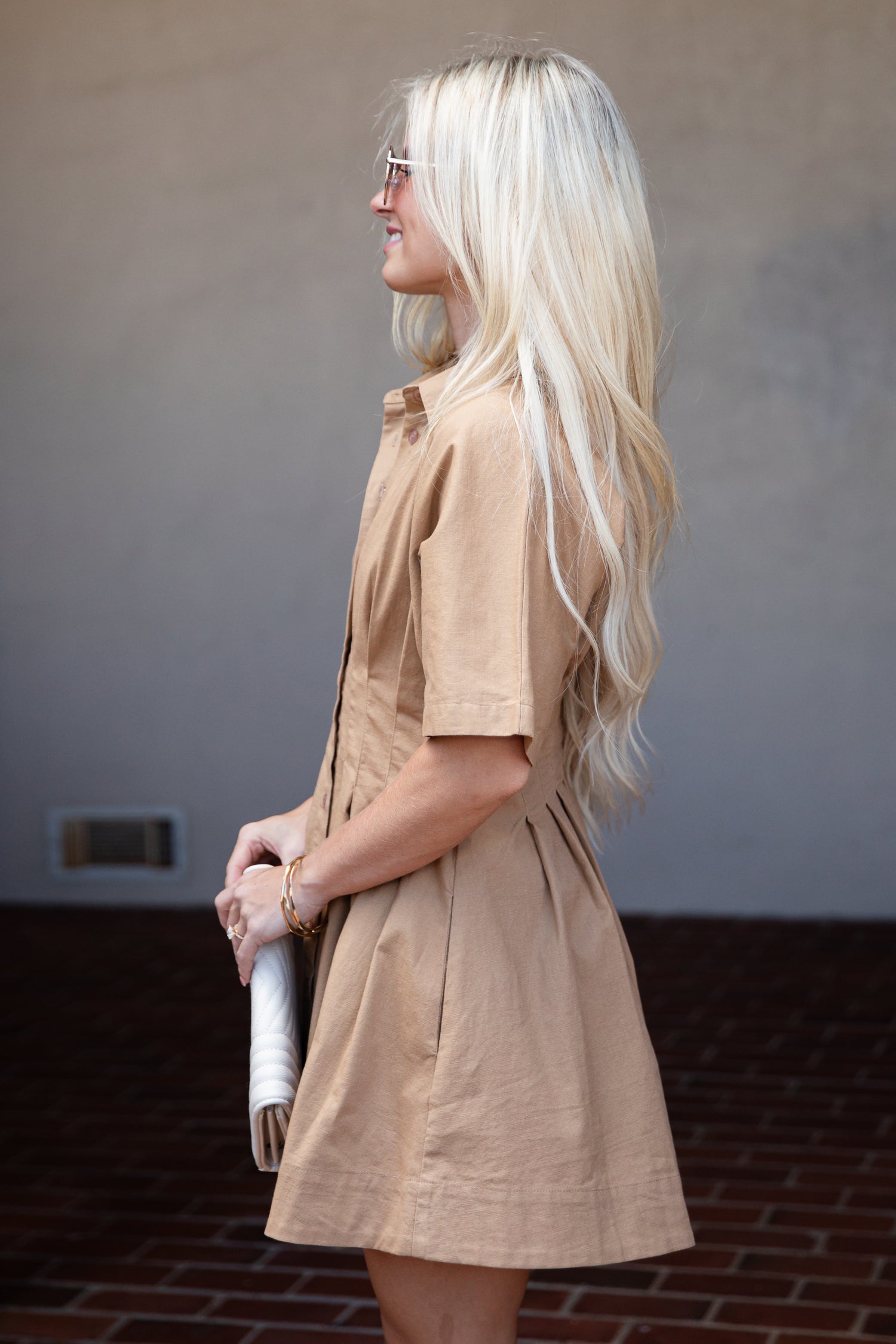 Trendy Taupe Button-Up Pleated Mini Dress | Fall Dresses
