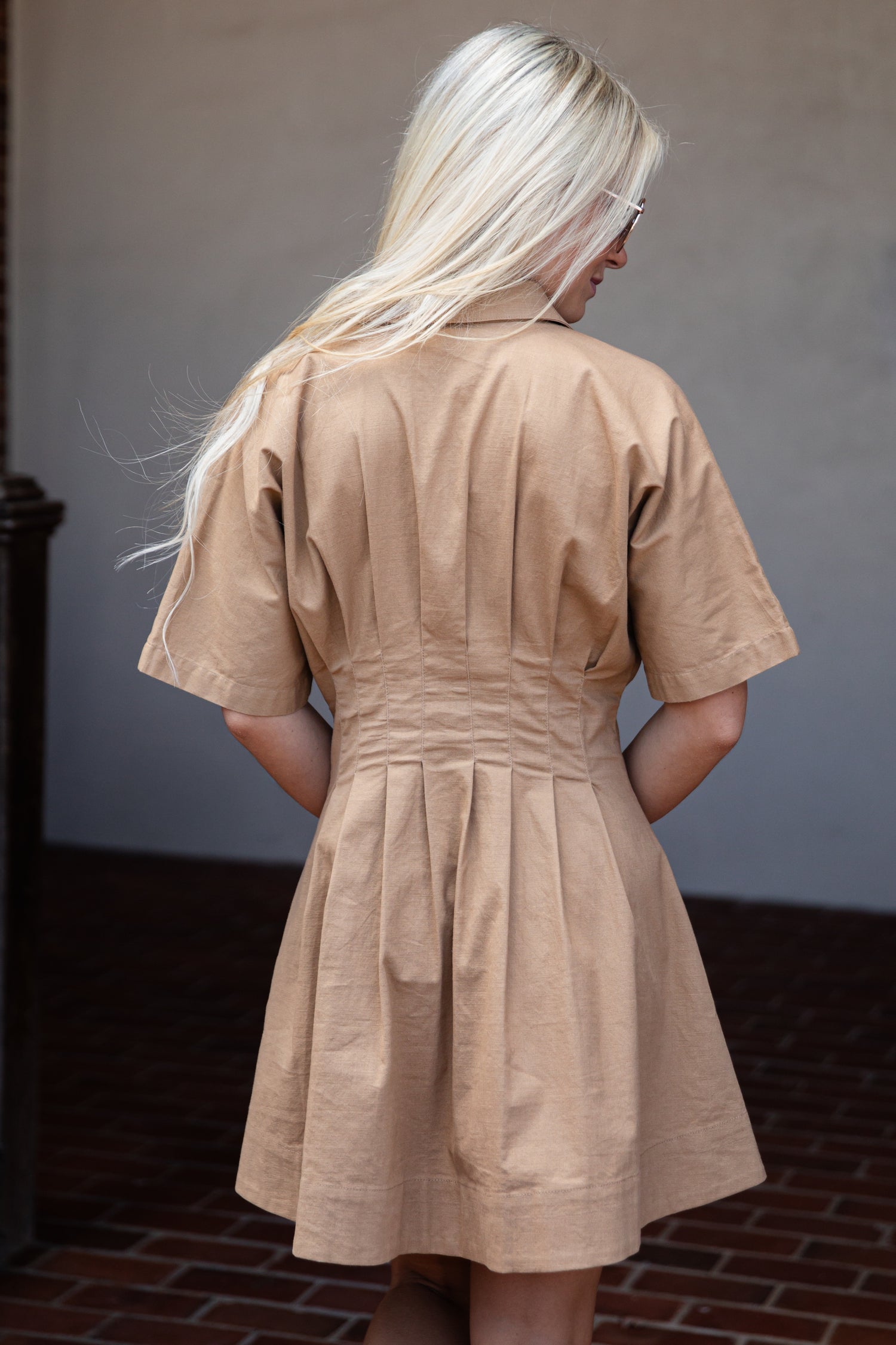 Trendy Taupe Button-Up Pleated Mini Dress | Fall Dresses