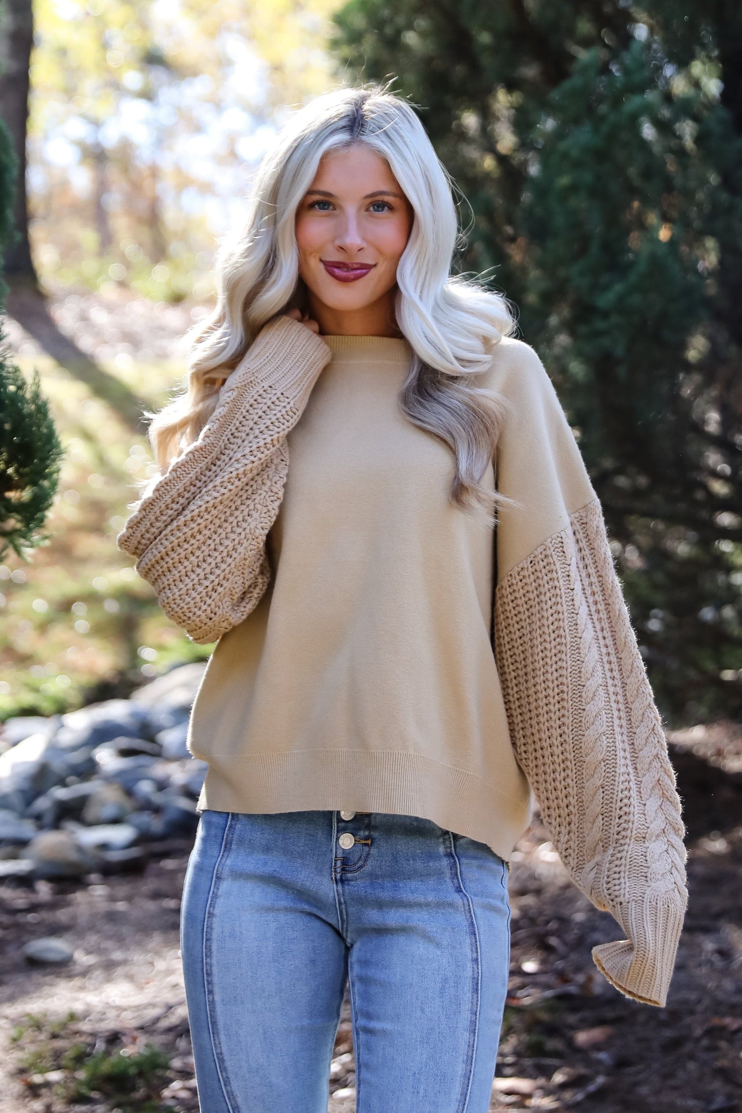 Cabin Cues Taupe Cable Knit Sleeve Sweater