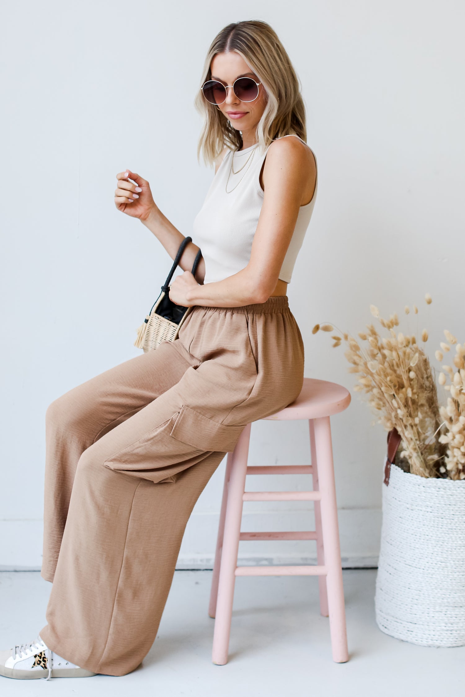 Cargo Wide Leg Pants side view sitting down