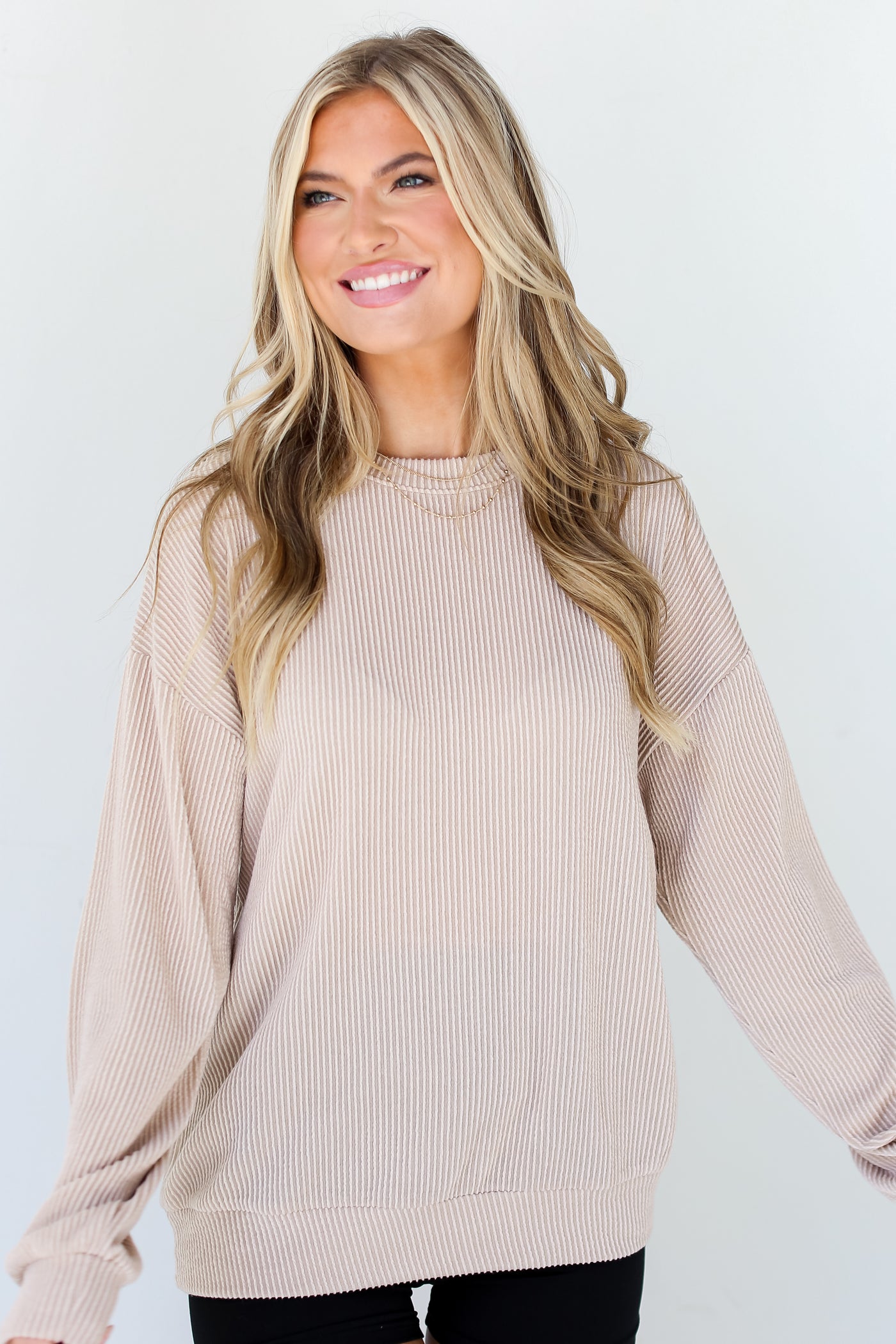 Oatmeal Corded Pullover on model