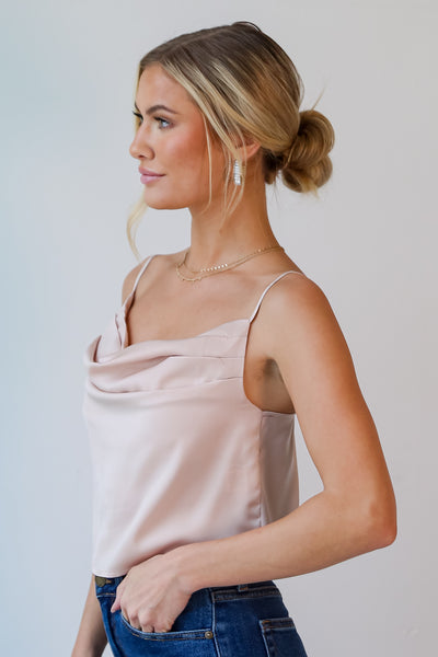 Champagne Satin Cowl Neck Cropped Tank side view