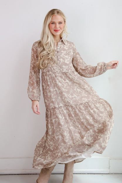 Impactful Elegance Taupe Floral Maxi Dress