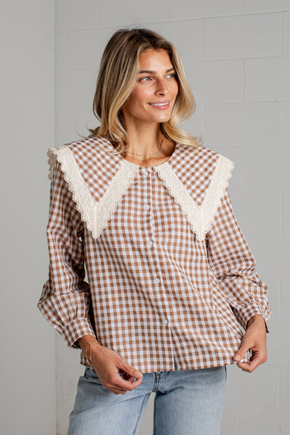 Cottage Calling Gingham Taupe Collar Blouse