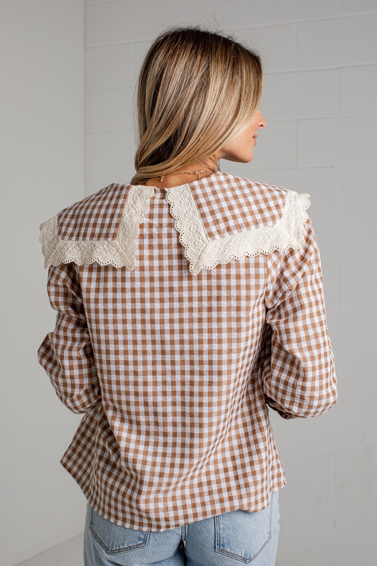 Cottage Calling Gingham Taupe Collar Blouse