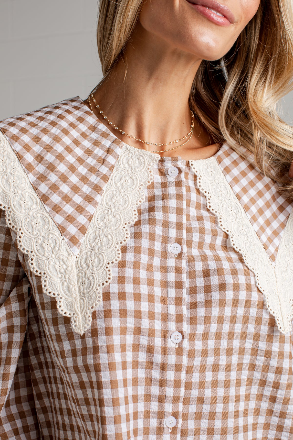 Cottage Calling Gingham Taupe Collar Blouse