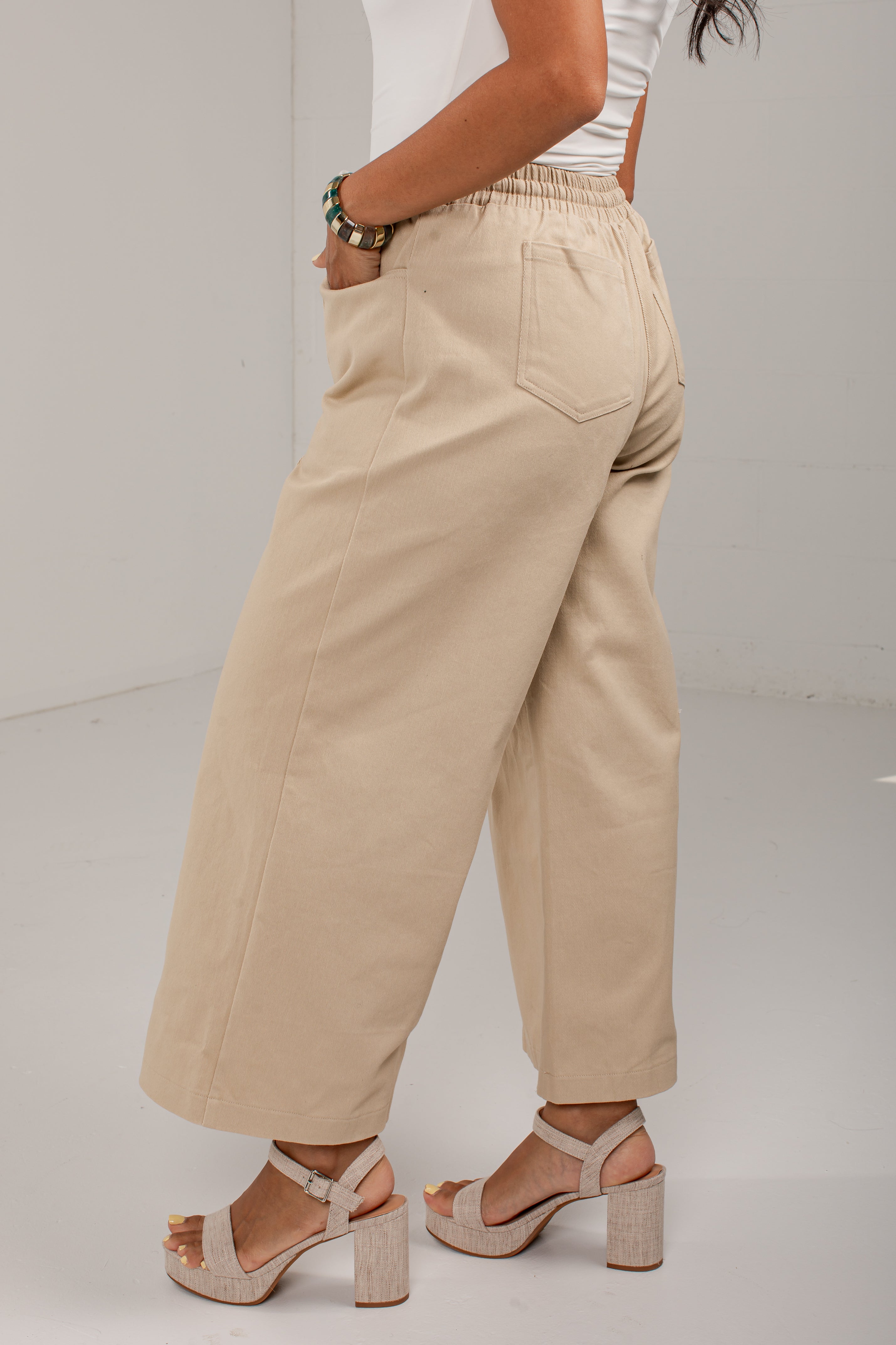 A person wearing beige wide-leg cropped pants with an elastic waistband, shown from the back in a studio setting. The model is also wearing a white top and beige block-heel sandals.