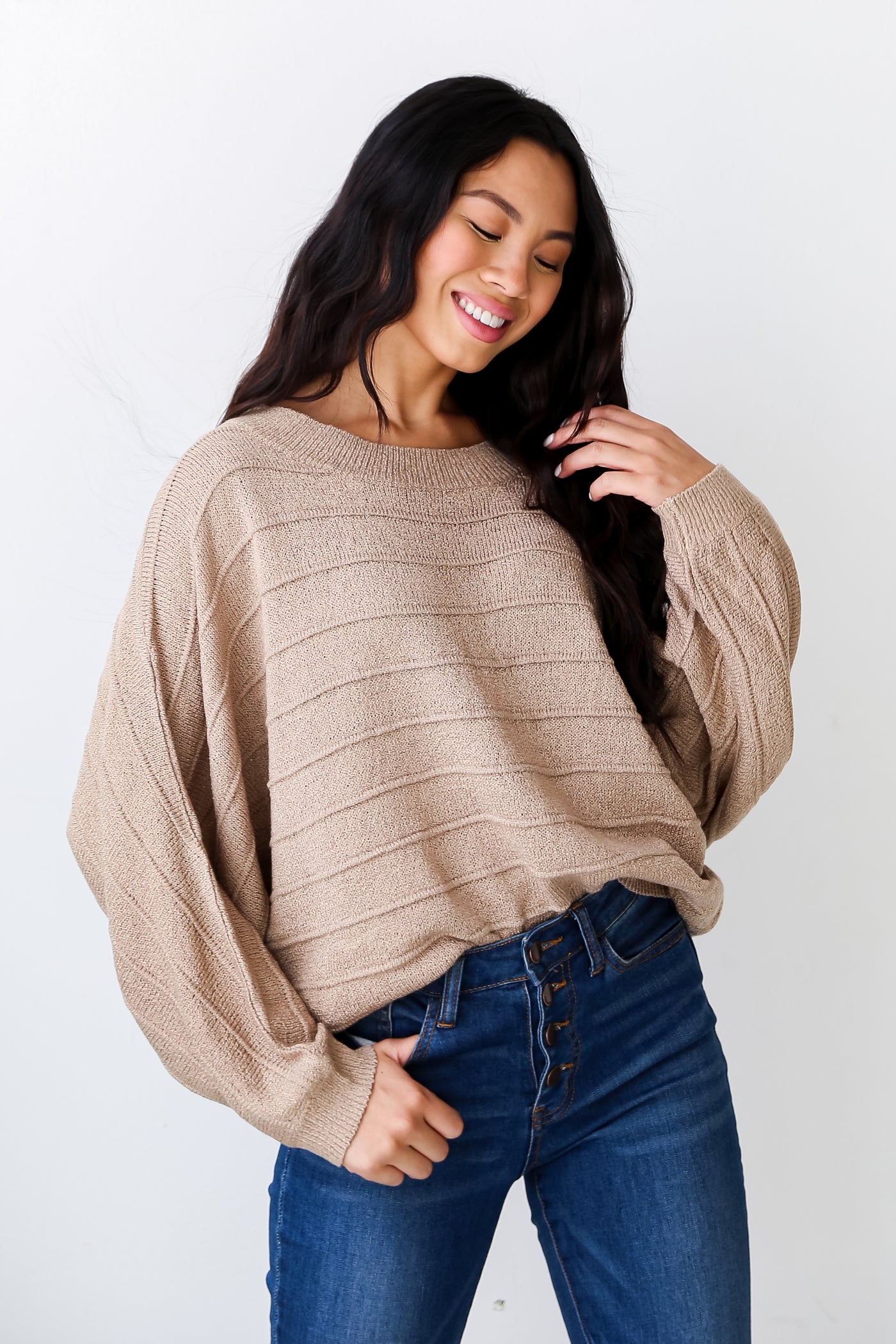 Taupe Lightweight Knit Oversized Sweater close up
