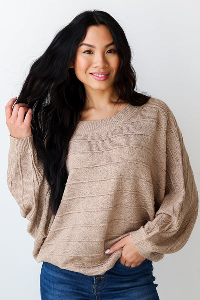 Taupe Lightweight Knit Oversized Sweater on model
