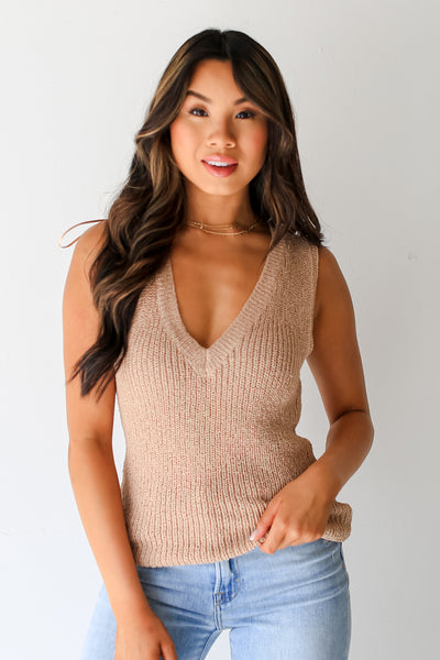 taupe Knit Tank on model
