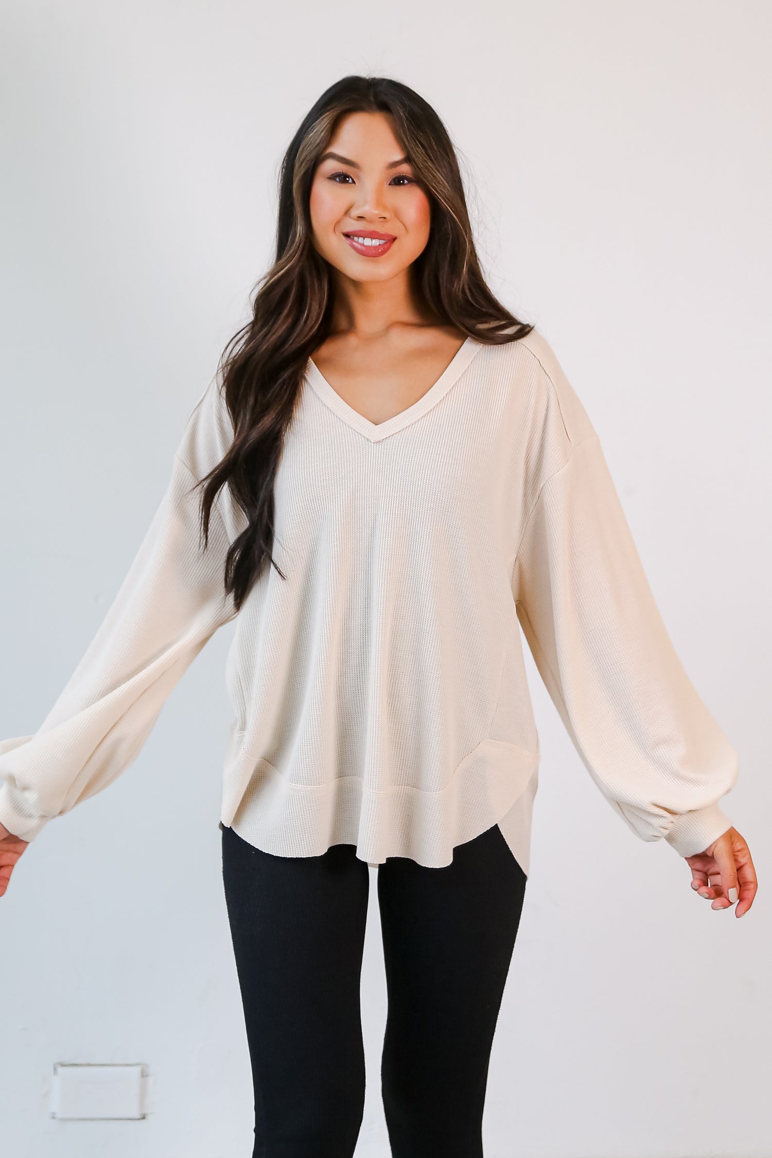 Oatmeal Waffle Knit Top on model