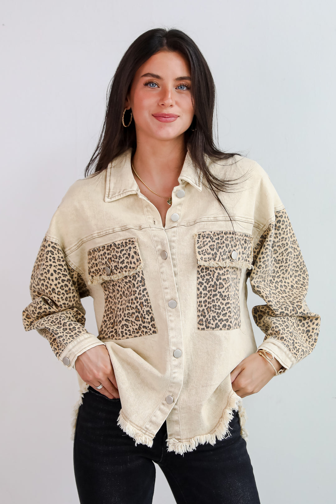 Wildly Perfect Taupe Leopard Denim Jacket