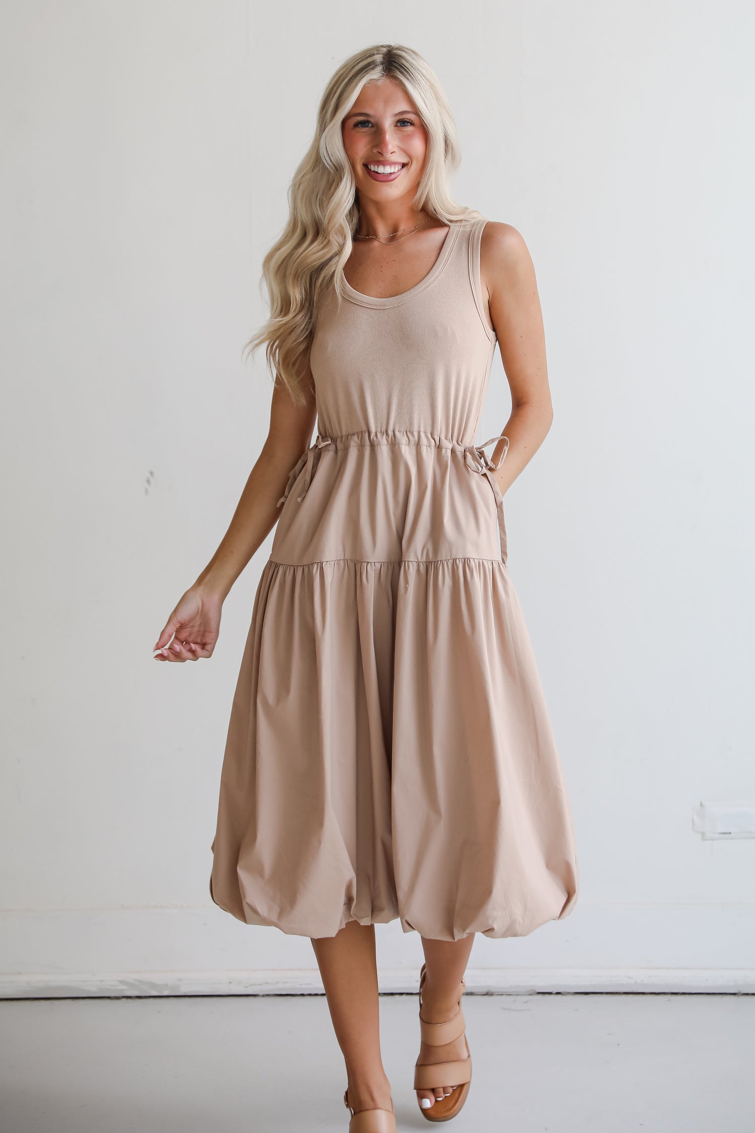 Darling Sophistication Taupe Contrast Midi Dress