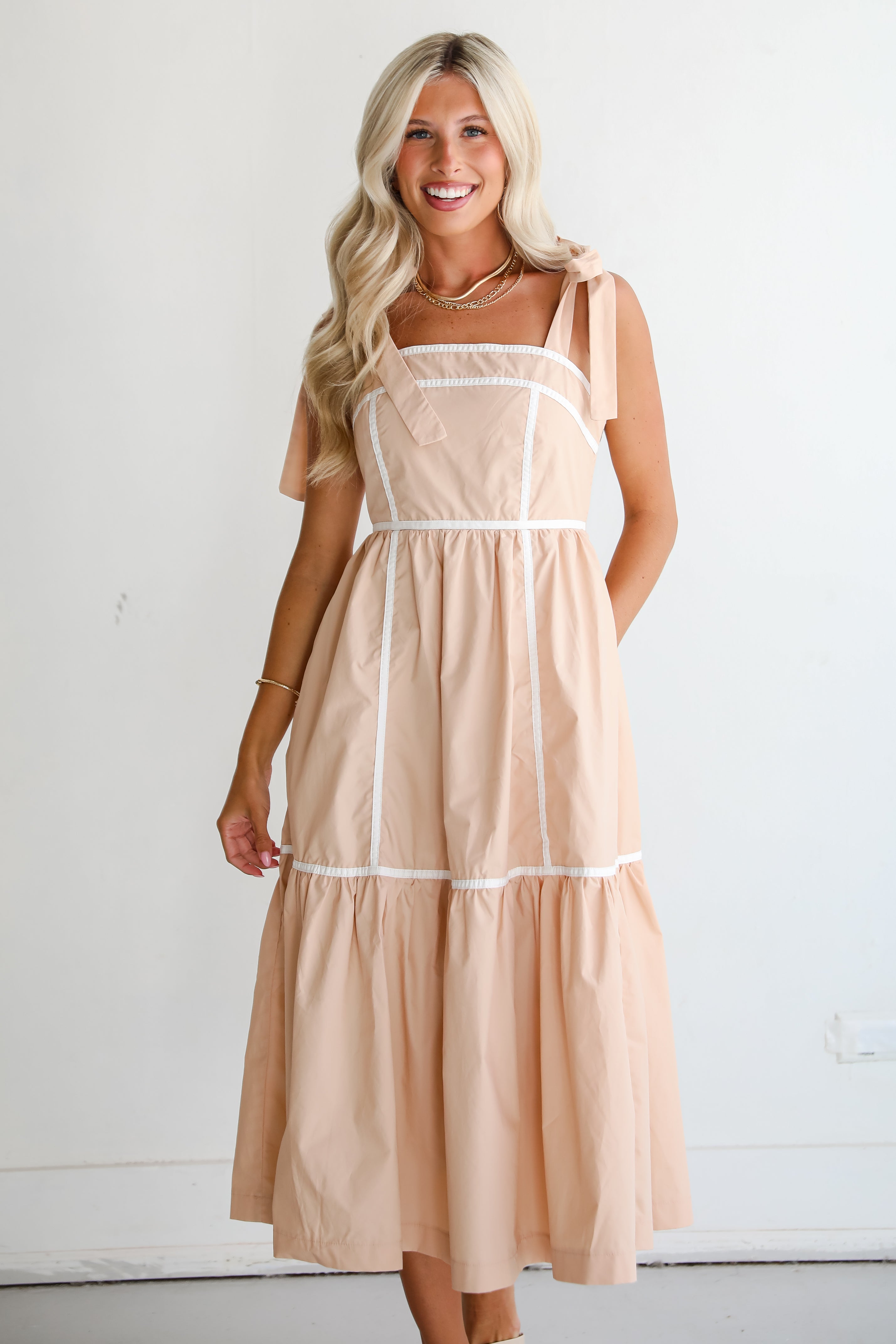 Cute Taupe Midi Dress | Tie Strap Dresses | ShopDressUp – Dress Up