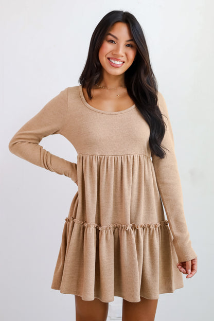 Adorable Promise Taupe Knit Babydoll Mini Dress