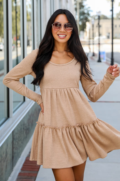 Adorable Promise Taupe Knit Babydoll Mini Dress