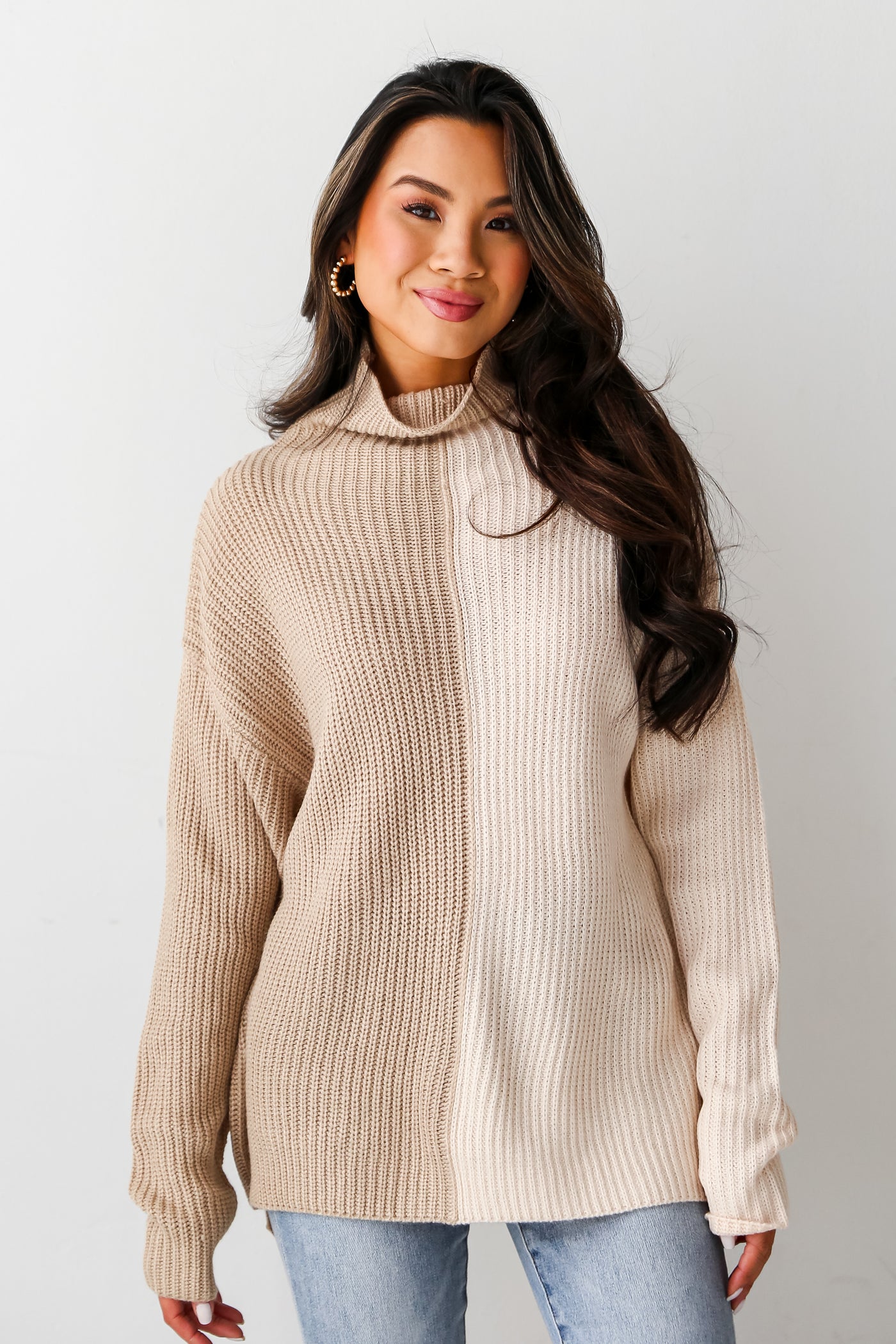 Oatmeal Color Block Mock Neck Sweater front view