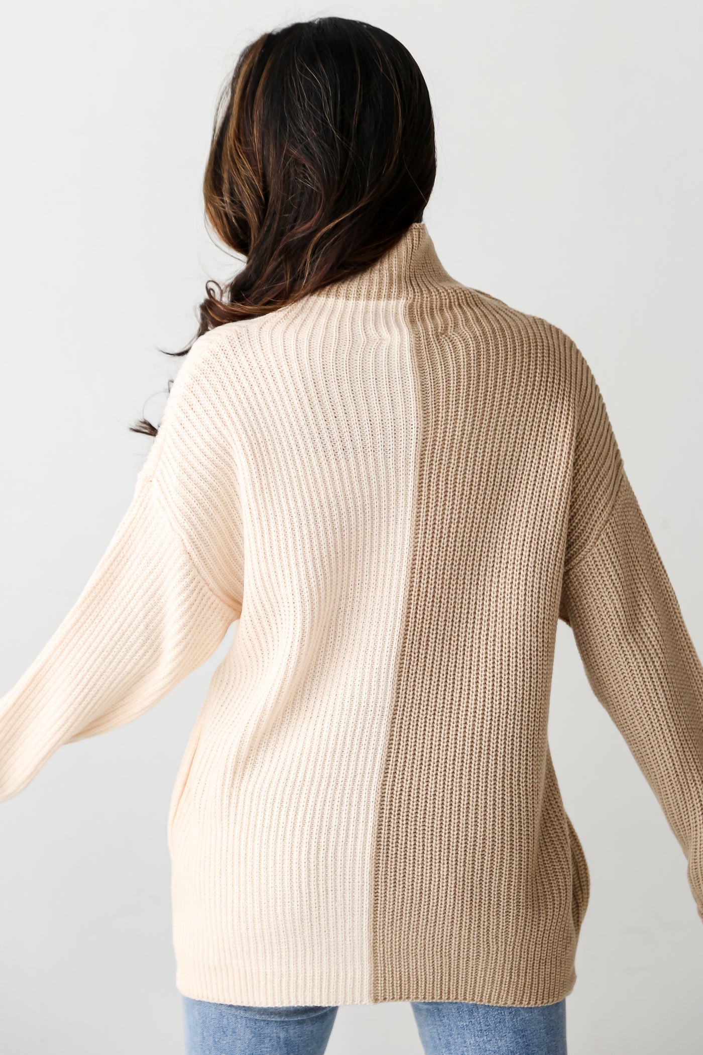 Oatmeal Color Block Mock Neck Sweater back view