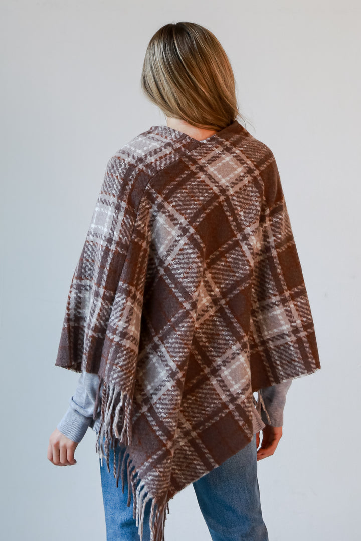 cozy brushed knit Taupe Plaid Fringe Poncho