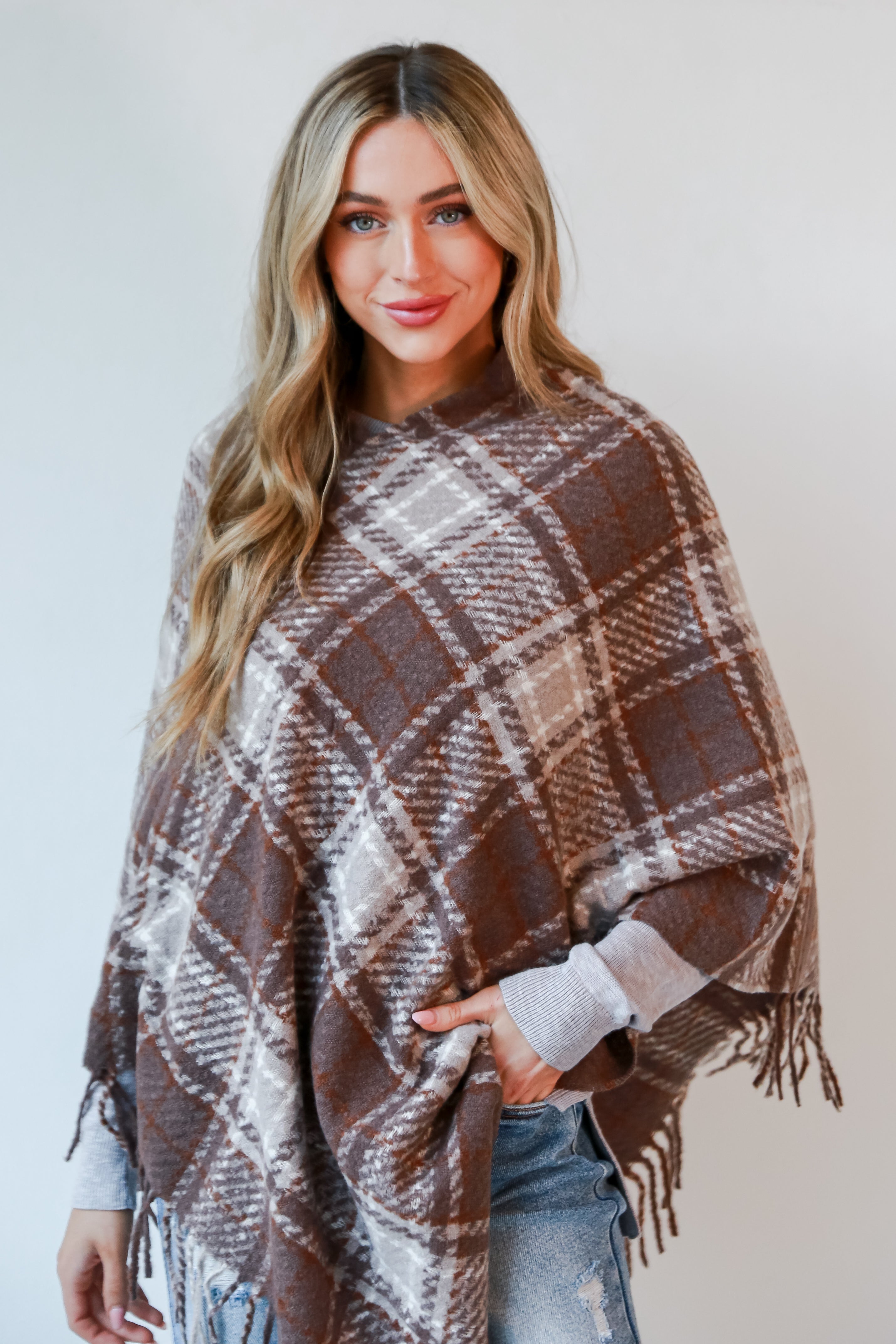 Poncho sweater plaid best sale