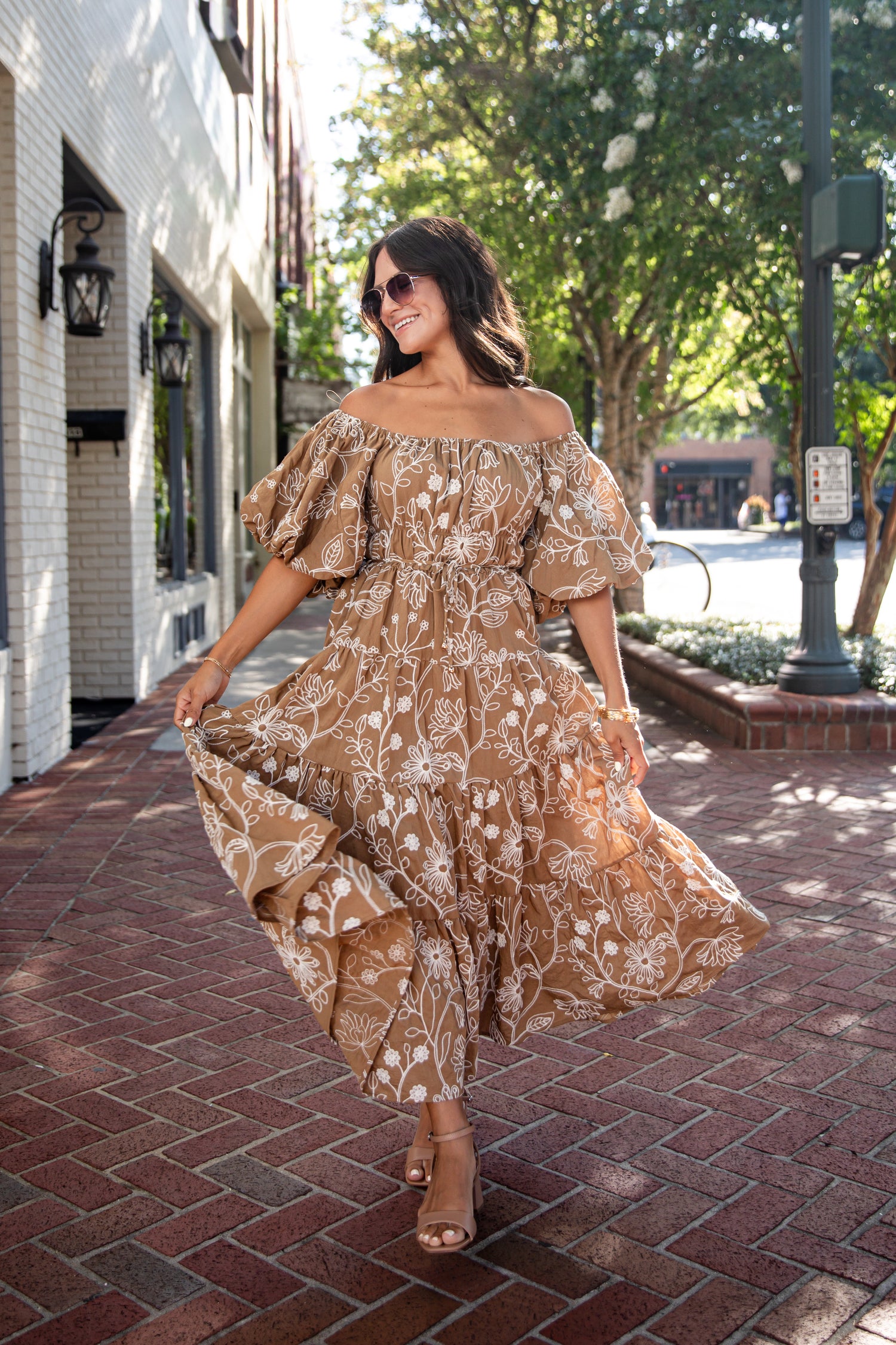 Autumn Taupe Floral Puff Sleeve Midi Dress | Cute Fall Dress