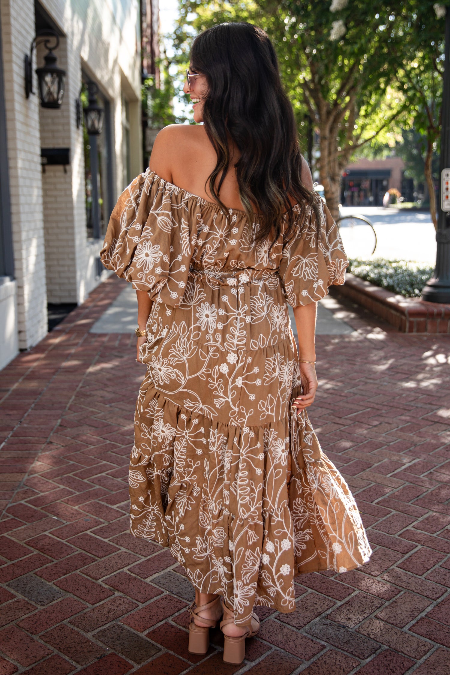 Autumn Taupe Floral Puff Sleeve Midi Dress | Cute Fall Dress