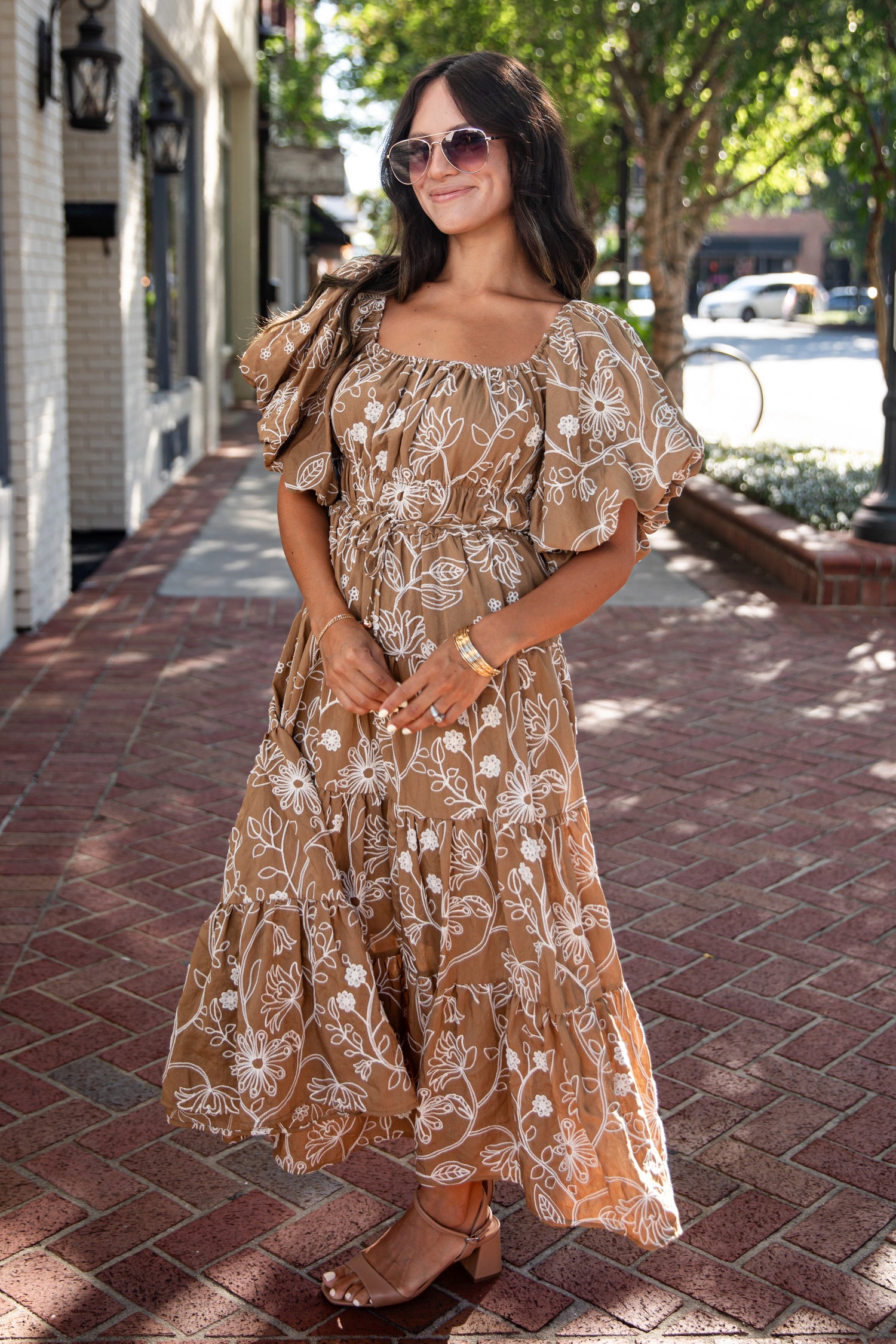 Autumn Taupe Floral Puff Sleeve Midi Dress | Cute Fall Dress