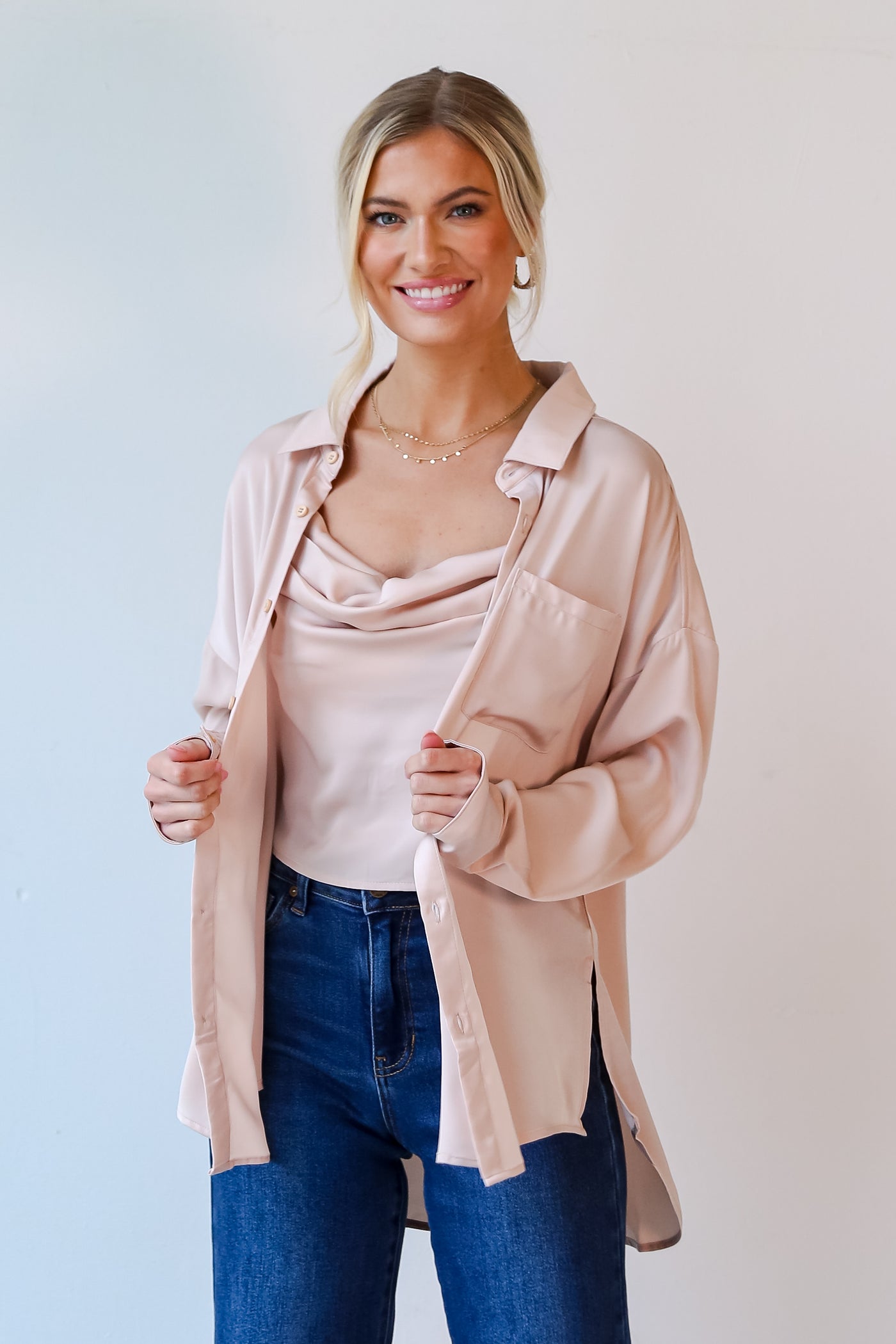 Champagne Satin Button-Up Blouse on model