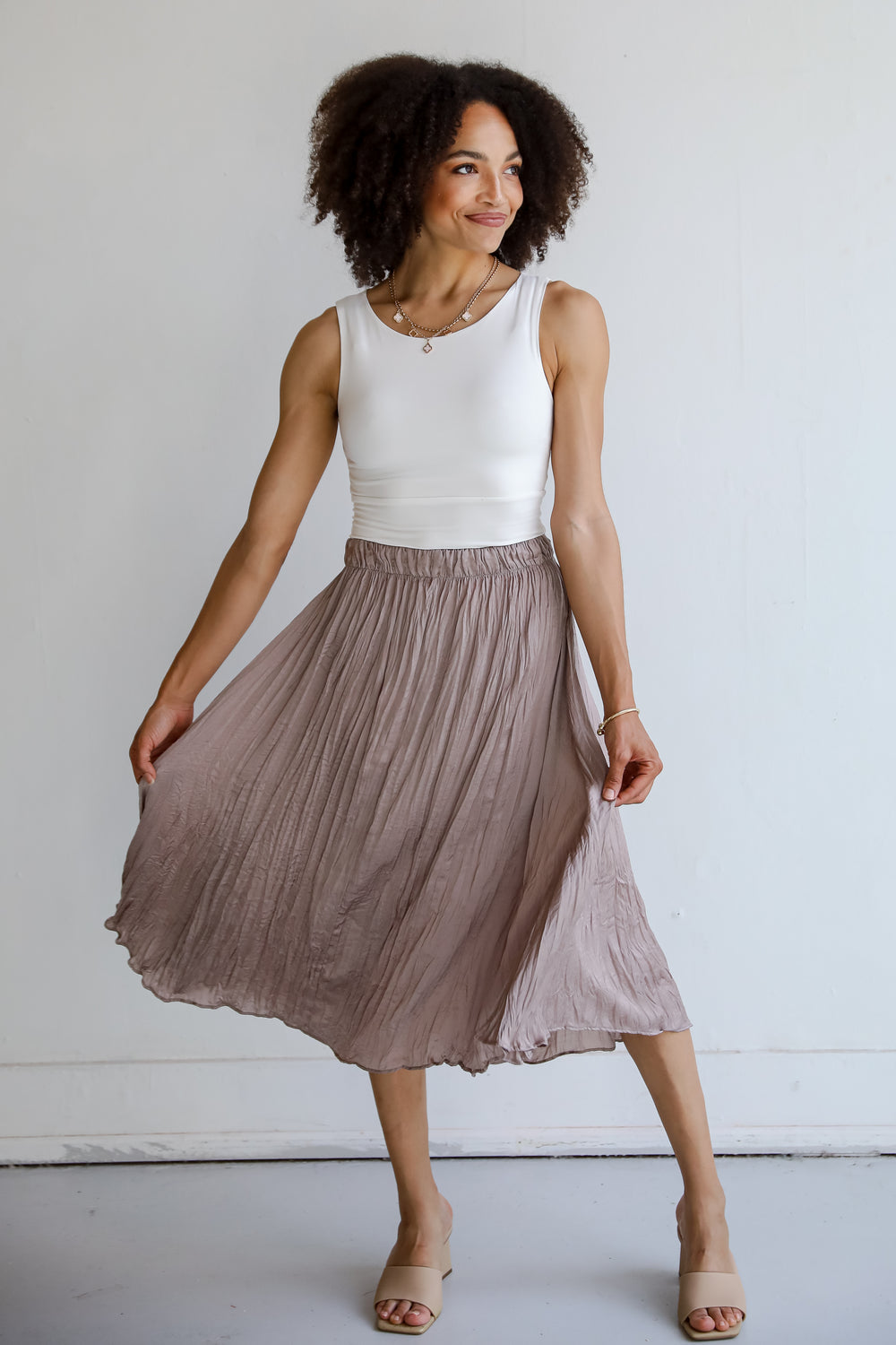 Taupe Satin Midi Skirt