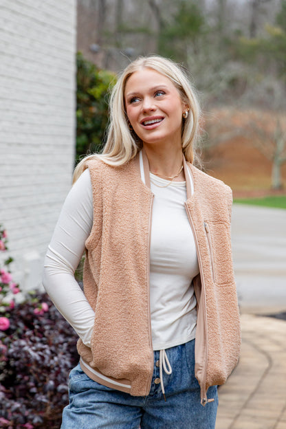 Warm Intent Taupe Sherpa Zip Vest | Trendy Women's Clothing | Dress Up Taupe / X-Large Warm Intent Taupe Sherpa Zip Vest | Trendy Women's Clothing | Dress Up Taupe / X-Large