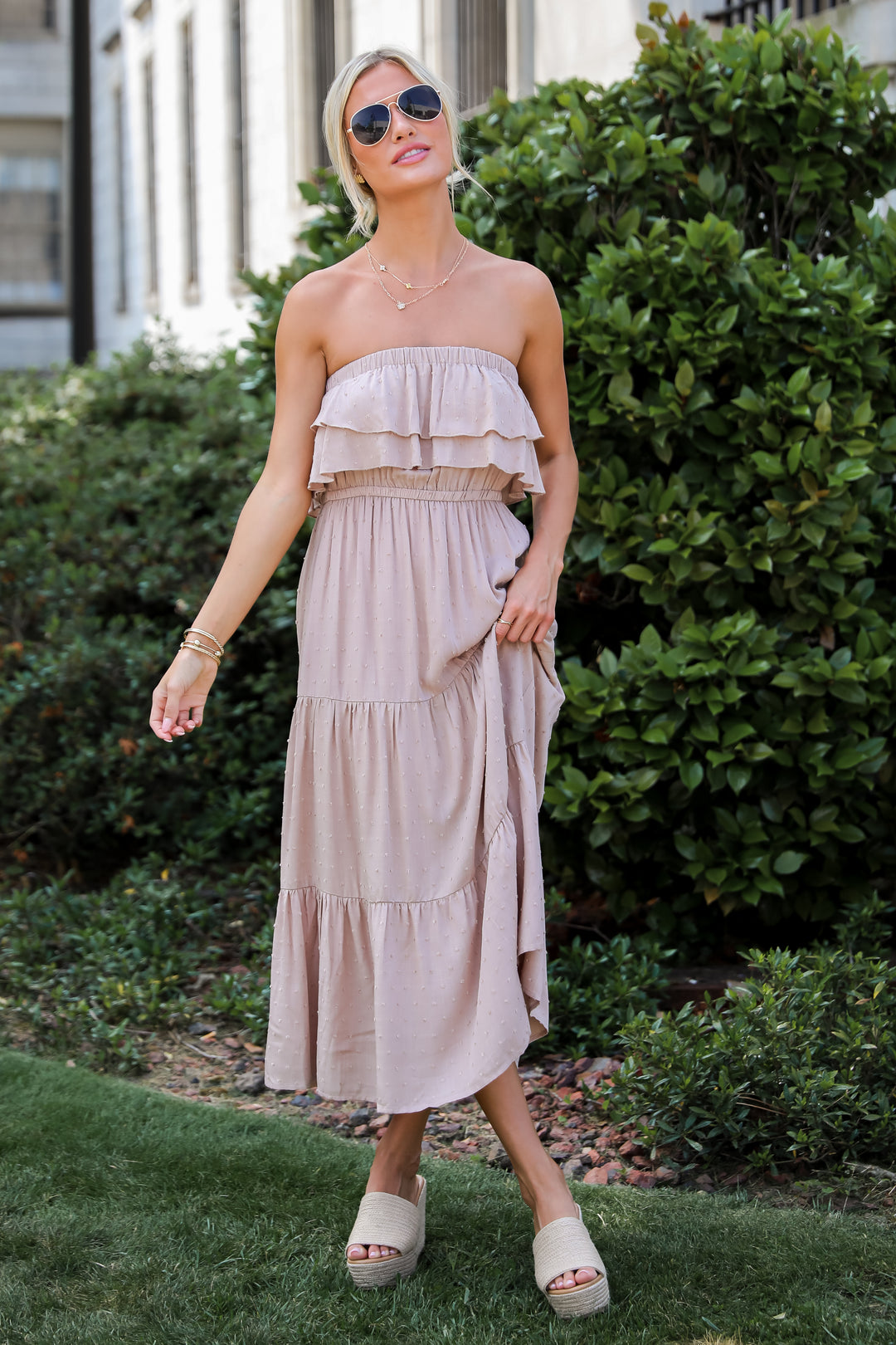 Taupe Tiered Strapless Midi Dress