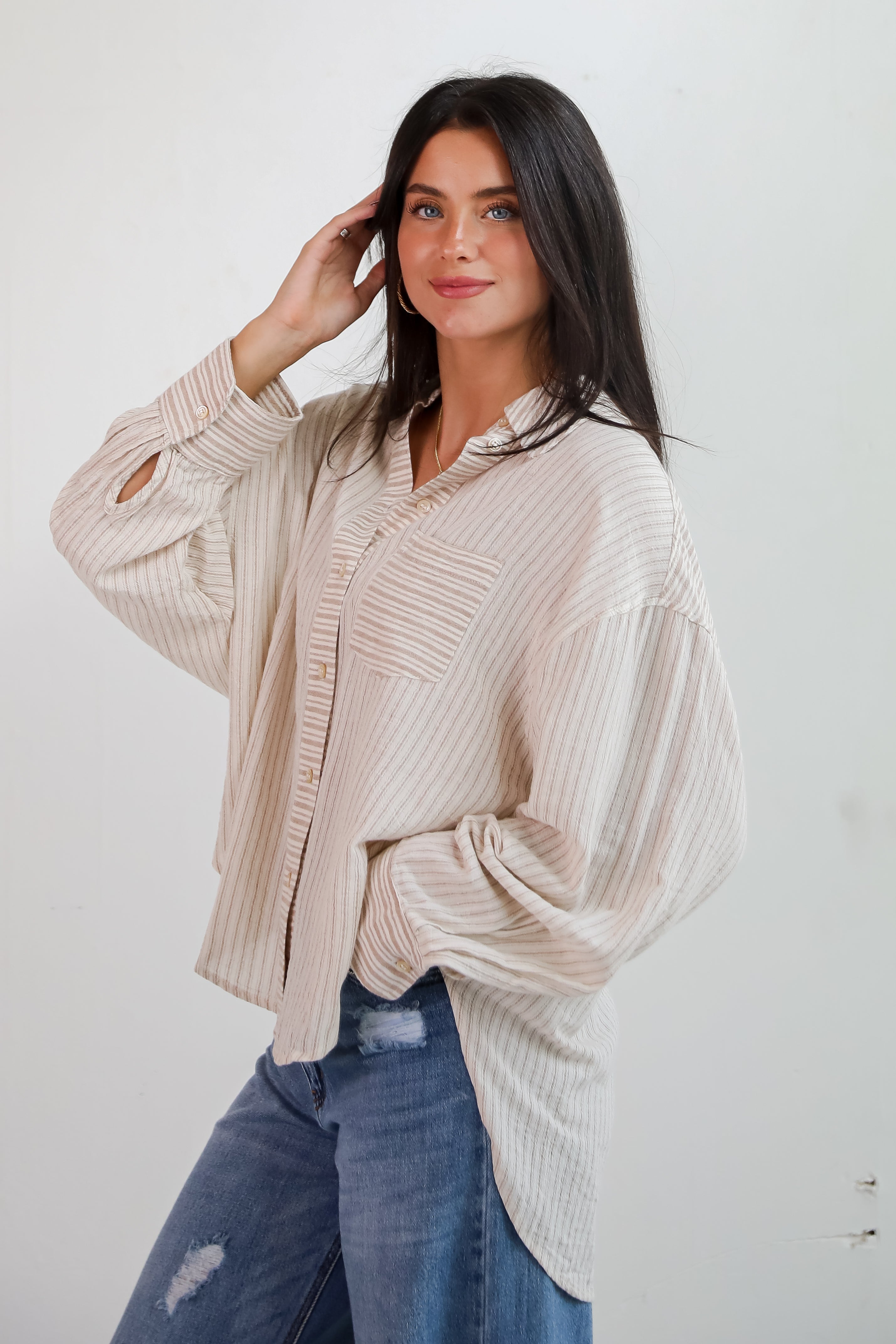 Adored Pose Taupe Striped Button-Up Blouse